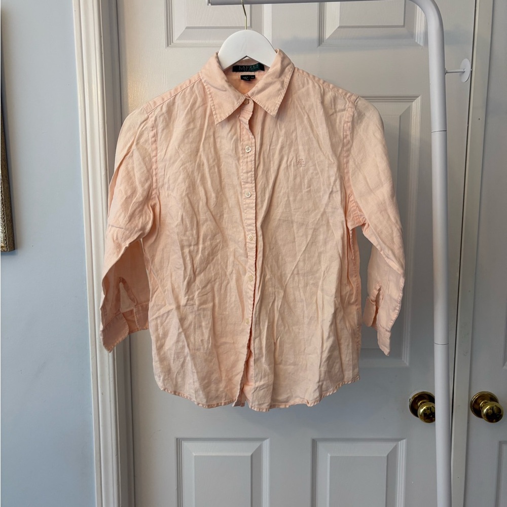 Ralph Lauren Linen Peach Button Shirt 3 Quarter Inch Sleeves Size Small Petite - Picture 6 of 7